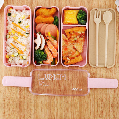 Natural Environment-Friendly Plastic Lunch Box Straw Lunch Box Sealed Leak-Proof 900ml Three-Layer Plastic Lunch Box Fork and Spoon Two