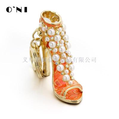 Korean New Pearl Rhinestone Key Ring Metal High Heel Shoes Keychain Girls' Gifts Factory in Stock Wholesale