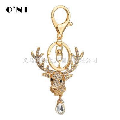 Creative Custom Metal Rhinestone Cartoon Small Deer Head Car Key Ring Women's Bag Pendant Key Chain Diamond-Embedded Gift