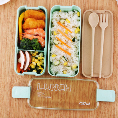 Environmental Protection Wheat Straw Lunch Box 750ml Double-Layer Lunch Box Microwaveable Compartment Lunch Box Factory Supply