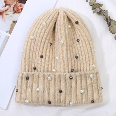 2018 fashion staple pearl sweet knit hat wool yarn thickening warm hat outdoor warm hat