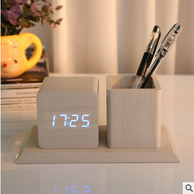 Creative wooden clock alarm clock mute voice control brightness automatic adjustment multi-functional wooden alarm clock
