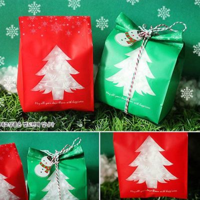 Christmas Gift Packaging Bag Flat Plastic Bag Red and Green Christmas Tree Snowflake Candy Bag Grocery Bag Packaging Bag 50