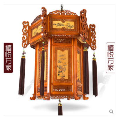 Chinese Lantern Antique Imitation Yellow Sheepskin Lamp Solid Wood GD Tea House Lamp Garden Lamp Balcony Light New Year Chandelier