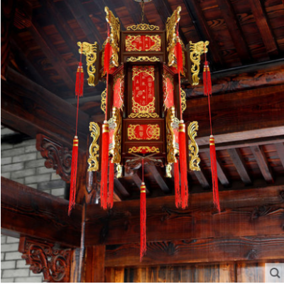 Hexagonal Solid Wood GD Red Tea House Sheepskin Chinese Classical Opening Project Chandelier Outdoor Antique Lantern Ornament
