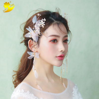 Beautiful bride sensen is fairy beauty nude gauze tassel hair ornaments earrings set I to clip Beautiful wedding tiara