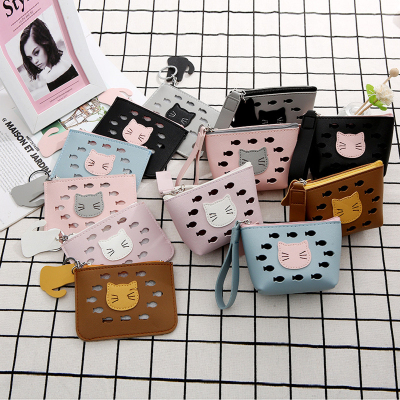 Korean version of the new creative hollow pu wallet cute cartoon kitten zipper wallet card bag
