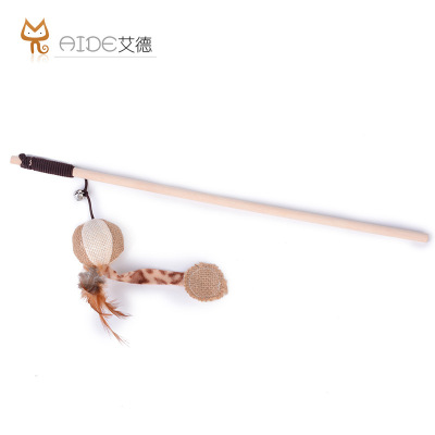 Manufacturers direct sale of cat toys natural wood hemp material feather tickle cat stick with bells tickle cat dry