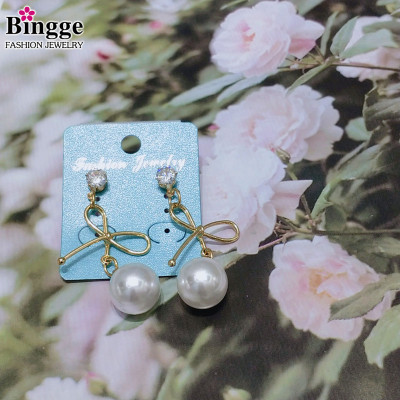 Simple long bow pearl pendant earrings temperament web celebrity elegant jewelry fashion woman
