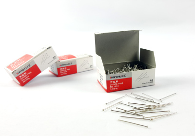 3# pin, tack, staple, garment, fixed bead, needle, disc, needle, three pins, one nail, office stamp, paper, invoice, pin