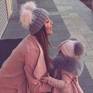 Aliexpress amazon hot style hat double ball faux fox fur knit cap baby winter wool cap