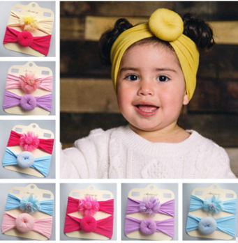 Hot style super soft nylon hairband hairball yarn flower baby head with two children's headwear