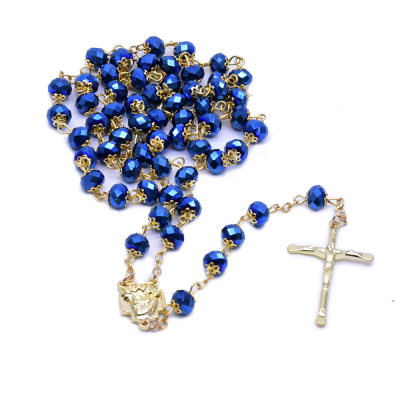 Gold sapphire blue receptacle crystal rosary necklace cross prayer beads religious ornament