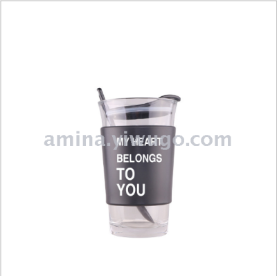 Korean creative coffee mark cup simple couple anti-hot with spoon cover portable office scented tea glass water cup