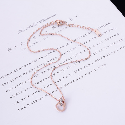 Women's Korean-Style Simple round Ring Heart-Shaped Zircon Short Titanium Steel Necklace Korean-Style Dignified Pendant Rose Gold Clavicle Chain