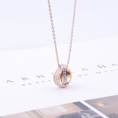 Japanese and Korean Fashion New Mud Diamond Double Ring Necklace Titanium Steel Plated 18K Rose Gold Clavicle Chain Colorfast Ornament for Women