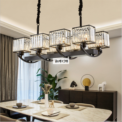 American postmodern villa rectangular dining room restaurant LED iron strip ceiling crystal chandelier