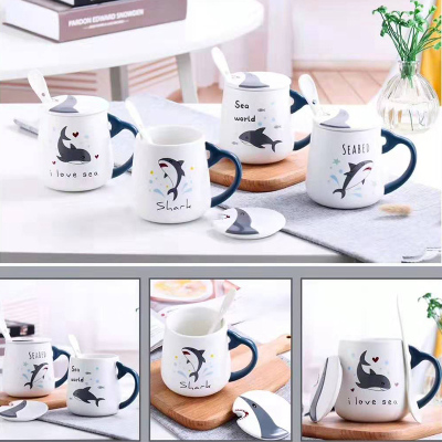 Shark 3d cup creative personality trend mug ceramic cup with spoon cover cartoon (60 containers)