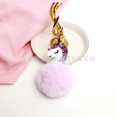 Cross-border hot selling creative gifts sequined unicorn fur ball key chain fashion personality ladies luggage pendant