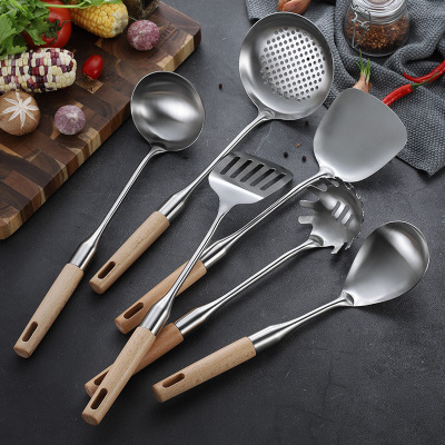 Stainless steel kitchenware 304 wooden handle, no magnetic lifter kitchenware set wooden handle, soup spoon, slotted spoon, cooking spoon spatula