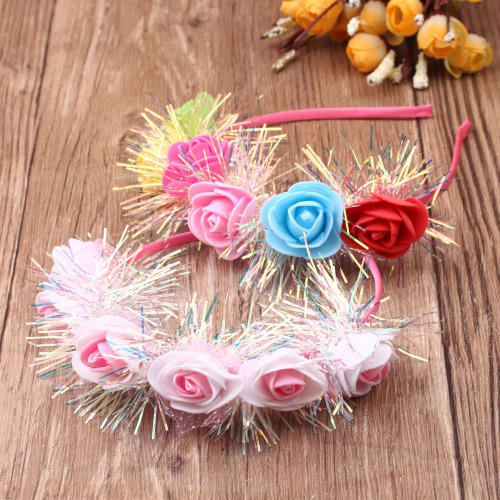 Children‘s Headband Female Korean Princess Anti-Slip Pressure Shiny Silk Flower Outer Wear Baby Headdress Cloth Wrapper Little Girl Headband