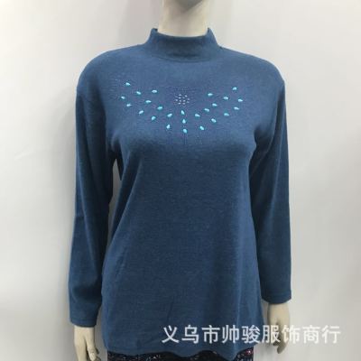 New Autumn and Winter Clothes Middle-Aged and Elderly Women's Cashmere-like Rhinestone Long-Sleeved Mom's Bottoming Shirt Inner Pullover High Collar Top