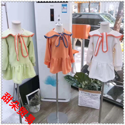Autumn new style skirt girl baby dress long sleeve lapel tie plain color skirt Korean version princess dress
