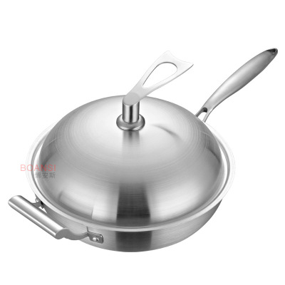 304 Stainless Steel Wok Three-Layer Steel Less Lampblack Non-Coated Flat Non-Stick Frying Pan Binaural Induction Cooker Universal
