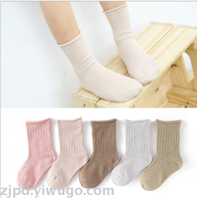 Children's socks Korean spring and autumn rolled edge pure color cotton socks tube socks loose mouth children's socks Ja