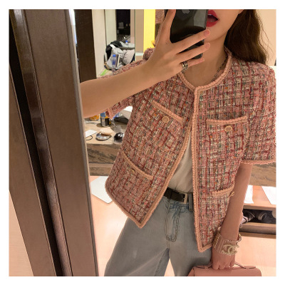 Pink long - sleeved tweed little fragrant wind short jacket \"women 's new spring and autumn Korean version of the blouse