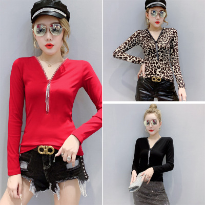 European station real shot new sexy V collar zipper long sleeve leopard print style base small unlined upper garment sport