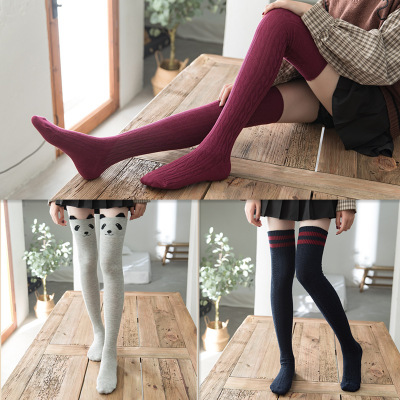 Over the knee socks for ladies long high tube knit pile boot socks horizontal bar hemp pattern female cotton socks 