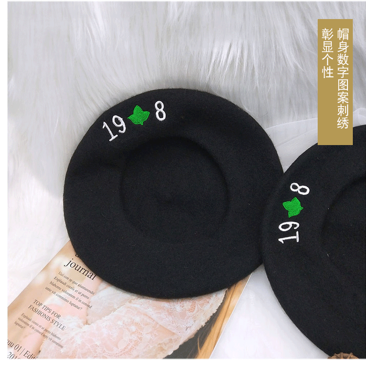 Beret Women's Autumn and Winter Korean Style Japanese Style All-Matching Wool 198 Embroidery Artistic Retro Beret