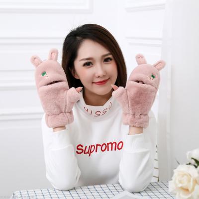 Winter glove female new 2019 thickened with velvet warm and cold cute cartoon pineapple flip half exposed fingers