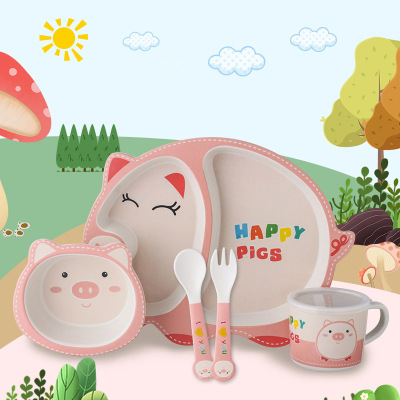 Bamboo fiber children's tableware portable bowl plate set cartoon happy pig dinner plate water cup fork spoon