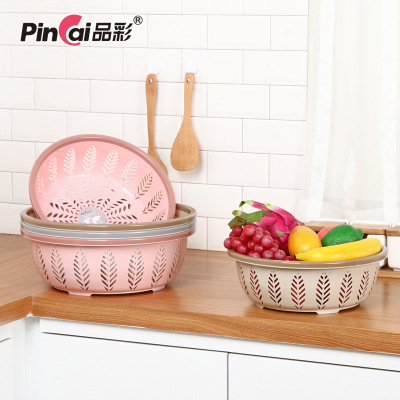 Green rhyme double color sieve round plastic basket wash vegetables sieve fruit vegetable drain basket