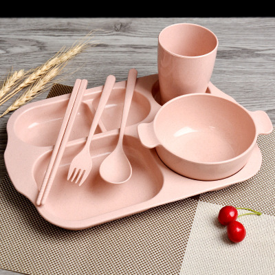 Creative gift set for kindergarten students dinner plate children Japanese plate wheat straw tableware chopsticks set tray