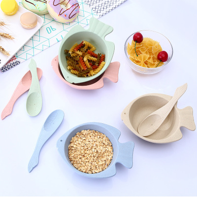 Wheat straw household children bowl kindergarten auxiliary food small fish bowl set tableware gift customized