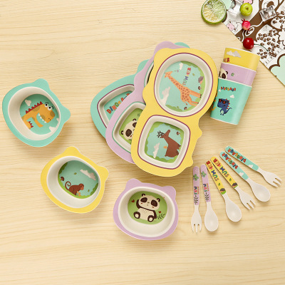 Environmental protection bamboo fiber children tableware new plate set of 5 baby cartoon rice bowl spoon cup