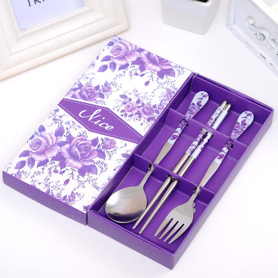 Stainless steel cutlery three - piece set spoon gift chopsticks fork cutlery set wedding gift custom LOGO