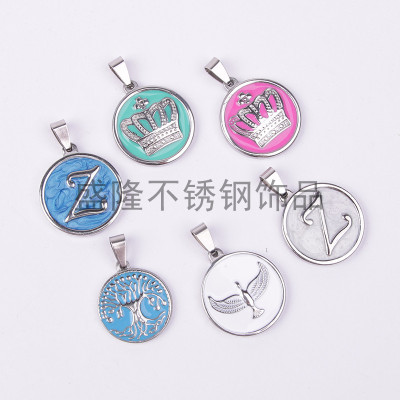Pendant stainless steel fashion round necklace Pendant crown wishing tree oil painting popular logo Pendant