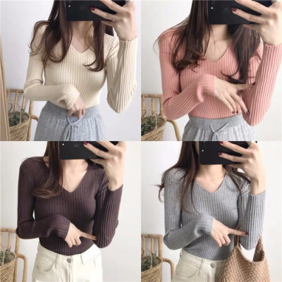 Autumn/winter v-neck nude knit women's tights stretch pullover slim slim undercoat over top