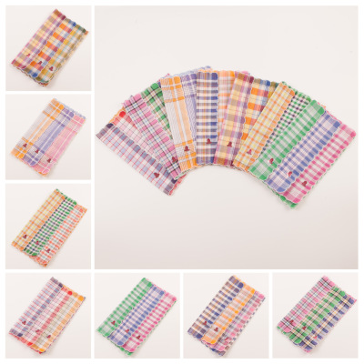 Lady light color check small size cotton handkerchief with edge