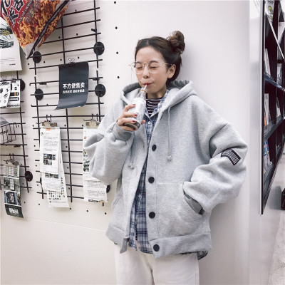 Autumn winter new fund Korea ghost horse fastens embroidery hooded cardigan to add fleece thickening hooded hoodie casual coat female