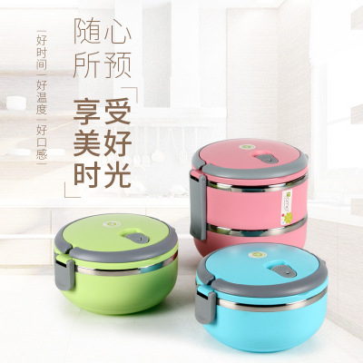 Manufacturer direct shot double deck students lunch box handle round stainless steel lunch box picnic bento box