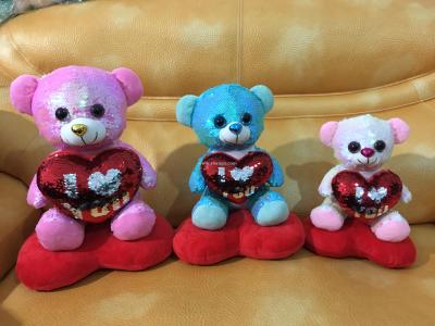 Valentine's day sequined heart sitting bear plush toy figurines in multiple sizes