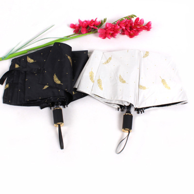 New Black and White Feather Tri-Fold Umbrella Vinyl UV Sunshade Mini Folding Sun Umbrella Umbrella