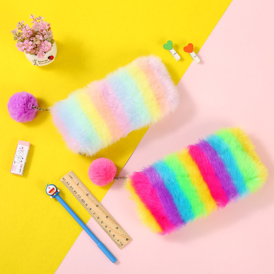 Rainbow coloured pencil bag for students large capacity stationery storage bag for ladies soft sequined pencil bag