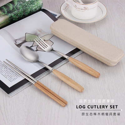 Promotion company in small gift wooden handle, stainless steel tableware set portable spoon, fork chopsticks tableware three - piece set custom logo