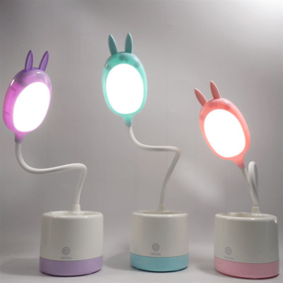 LED pen holder beauty mirror cute cartoon touch desk lamp with mobile phone stand USB charging desktop learning small night light